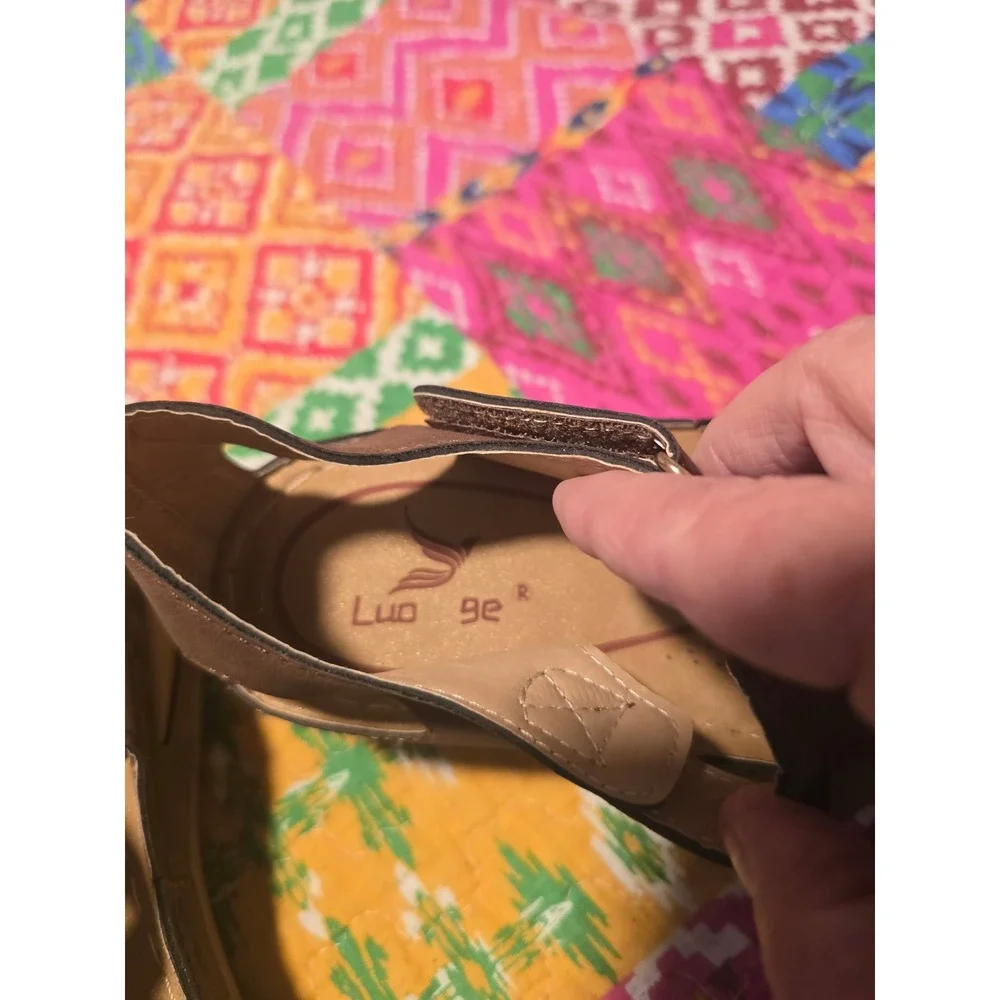 Luo Ge Women Brown Embroidered Cut Out Comfort Wedge Sandals Hook Loop Strap